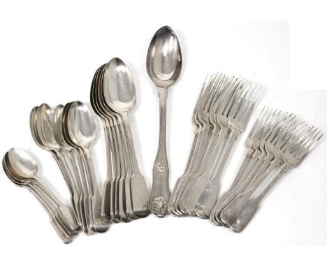 A Service of Early Victorian Silver Fiddle Pattern Flatware, Henry Holland, London 1845, comprising: 6 table spoons; 6 table 