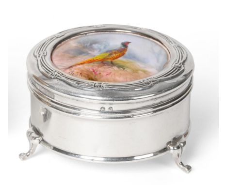 A Silver and Royal Worcester Porcelain Set Trinket Box, Sanders & Mackenzie, Birmingham 1913, circular, the hinged cover set 