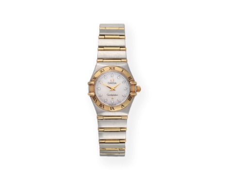 A Lady's Steel and Gold Wristwatch with Diamond Set Dial Hour Markers, signed Omega, model: Constellation, ref: 12627500, cir