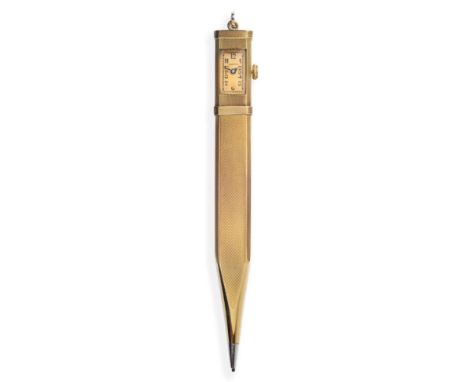 Dunhill: A 9ct Gold Combination Pencil and Watch, import marks for London 1936, with engine turned decoration, the gilt recta