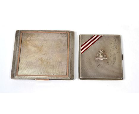 An Art Deco Silver Cigarette Case, W H Manton, London 1935, engine turned and with gold coloured inlay and thumb piece, gilt 