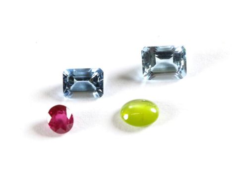 Two Loose Emerald-Cut Aquamarines, weighing 1.55 carat and 2.22 carat approximately, A Loose Oval Cut Ruby, weighing 0.94 car