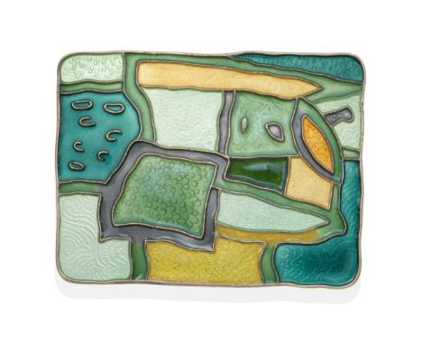 A Norwegian Enamel 'Spring' Brooch, by David Andersen, a rectangular plaque with a patchwork of green and yellow guilloche en