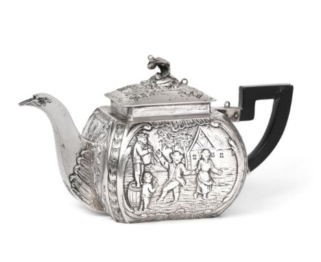 A German Silver Teapot, Georg Roth, Hanau, circa 1900, rounded rectangular with pull off cover, the sides decorated with figu