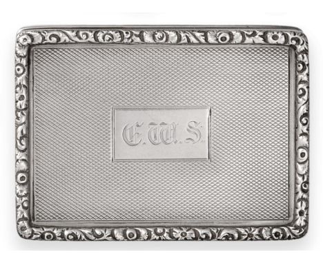 An Engine Turned Silver Snuff Box, George Unite, Birmingham 1926, with scrolling foliate borders, the cover engraved with ini