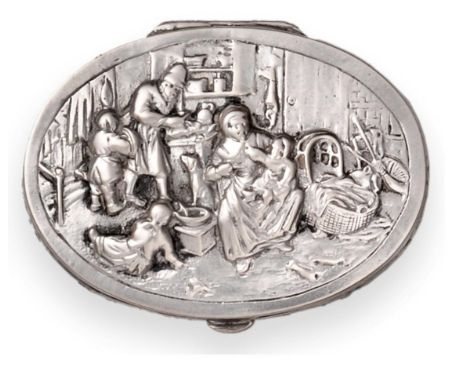 A German Silver Snuff Box, makers mark ''B'', .800 standard, early 20th century, oval form, the hinged cover decorated in rel
