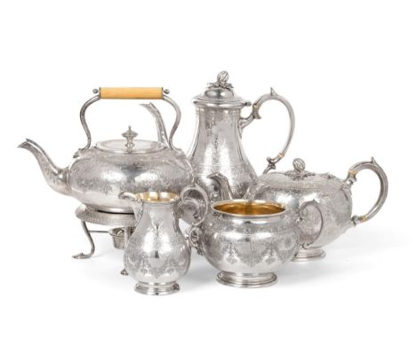 A Victorian Silver Four Piece Tea and Coffee Service with Kettle on Stand En-Suite, John Mappin & George Webb, London 1873/75