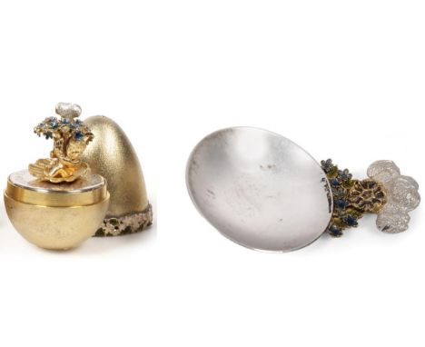 Stuart Devlin: A Silver Gilt and Enamel Surprise Egg and Caddy Spoon, London 1982, to commemorate the birth of Prince William