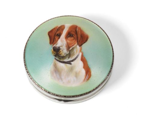 A Continental Silver and Enamel Compact, English import marks for MC&Co, London 1928, painted with a tan and white hound on a