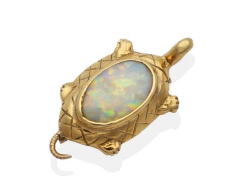 An Opal Turtle Brooch, with a shell inset with an oval cabochon opal, measures 3.5cm by 2cm see illustration  .  The brooch i