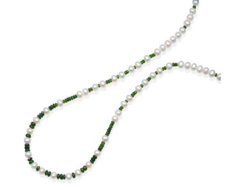 A Chrome Diopside and Cultured Pearl Necklace, faceted chrome diopside beads spaced by groups of cultured pearls, to a heart-