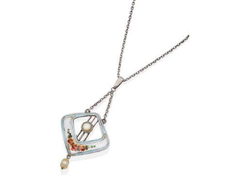 An Arts & Crafts Silver and Enamel Necklace, by Charles Horner, a mother-of-pearl plaque to knife edge bars within a kite-sha