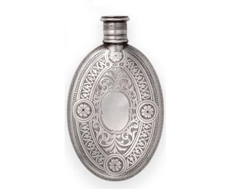A Victorian Silver Hip Flask, Cohen & Charles, Birmingham 1874, oval with screw off cover and all over engraved decoration, a