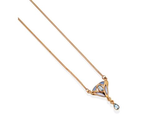 An Art Nouveau Style Aquamarine and Plique a Jour Pendant, on Chain, an oval cut aquamarine in a rubbed over setting within a
