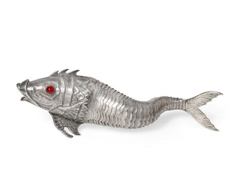 A Spanish Silver Articulated Model of a Fish, .915 standard, mid 20th century, with ruby glass eyes, 30cm long, 9oz 18dwt