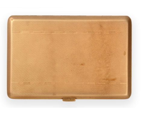 An Art Deco 9 Carat Gold Cigarette Case, John Henry Wynn, Birmingham 1938, with engine turned decoration and sprung hinge, 12
