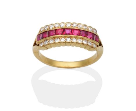 A Ruby and Diamond Half Hoop Ring, a central band of channel set square cut rubies between bands of eight-cut diamonds, total