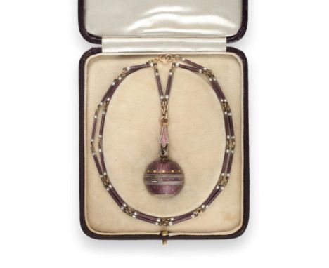 A Silver and Enamel Pendant Ball Watch with a Matching Chain, circa 1910, cylinder movement, bezel winding, enamel dial with 