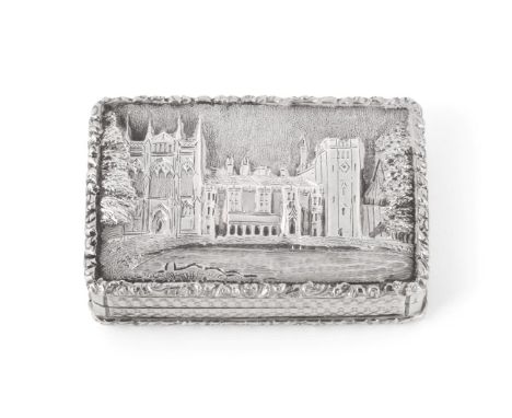 A William IV Silver Castle-Top Vinaigrette, Joseph Wilmore, Birmingham 1838, rectangular with foliate borders, the hinged cov