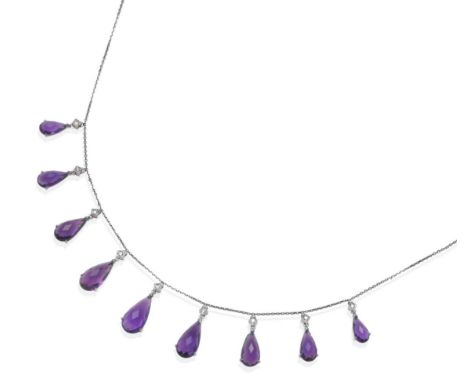 An 18 Carat White Gold Amethyst and Diamond Necklace, graduated pear checker board cut amethysts each suspended from an eight