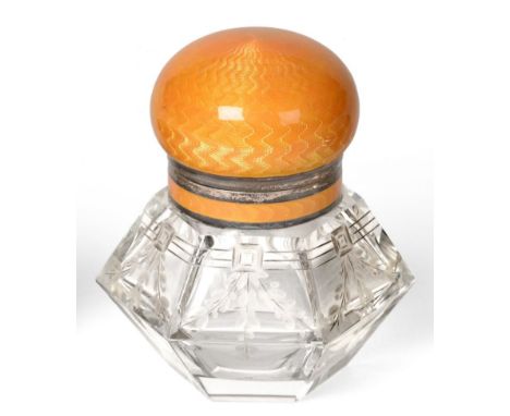 A Continental Silver and Enamel Mounted Glass Bottle, English import marks for London 1925, the domed cover with orange/yello