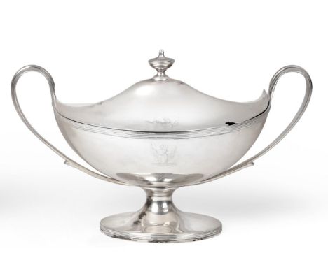 A George III Silver Sauce Tureen and Cover, Henry Chawner, London 1795, twin reeded handles and reeded borders, on oval pedes
