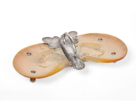 A Chinese Export Silver Mounted Mother of Pearl Butterfly Shaped Dish, indistinct marks, circa 1900, with bamboo moulded hand