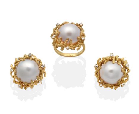 An 18 Carat Gold Mabe Pearl and Diamond Ring and Earring Suite, a mabe pearl within a textured branch frame, interspersed wit