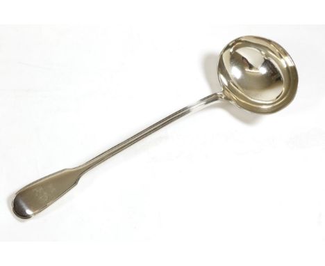 A William IV Silver Fiddle and Thread Pattern Soup Ladle, William Eaton, London 1837, the terminal engraved with twin crests 