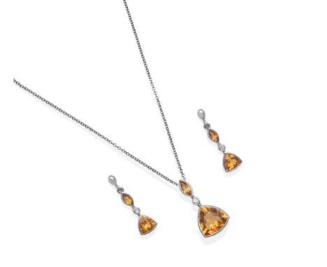 A 9 Carat White Gold Citrine and Diamond Pendant and Earring Suite, a marquise cut citrine above a round brilliant cut diamon