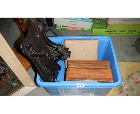 A box of wooden items including writing box, clock bracket etc