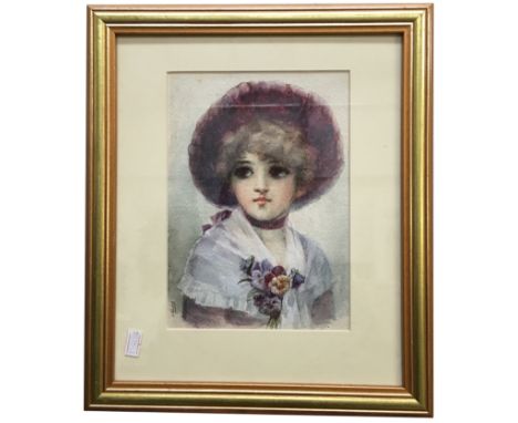 A framed and glazed watercolour portrait initialled B F