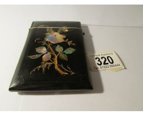 A mother of pearl inlaid card case Difficult to determine materialTop lid is overlaid with bone strips (1 strip missing, crac