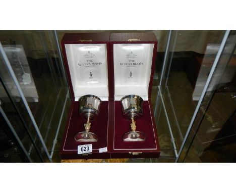 A boxed pair of Garrard & Co., silver and gold gilt goblets, Queens Beasts, Silver Jubilee 1977, 14cm, limited edition 26/250