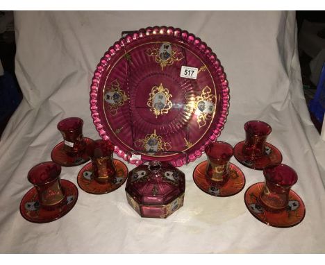 A ruby red hand painted drinking set and tray depicting the King of Persia, Bohemian glass