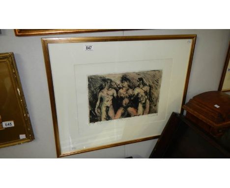 A limited edition hand coloured etching 6/10 on fabriano paper of three posing nudes, signed, entitled (Trias) and dated 1984