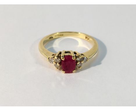 An 18ct gold claw set ring with oval ruby and diamond set shoulders, approximate size K