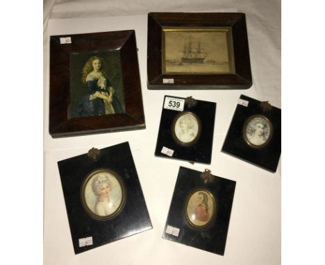 A collection of old miniature prints and a portrait of a gentleman (watercolour) plus a 19th century engraving of HMS Victory