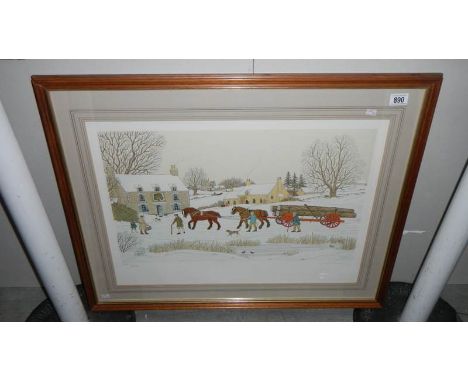 A signed French artist's proof limited edition lithograph on arches paper 11/36 of horse drawn firewood delivery to Royal Oak