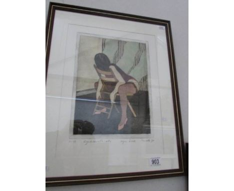 A limited edition hand coloured etching 1/15 on arches paper of posing seated lady, signed, titled and dated 1990 in pencil b
