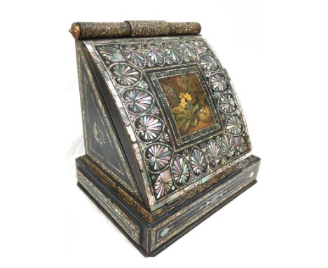 A superb hand painted Victorian writing box with fall front inlaid with mother of pearl and abalone , compartmented.General w
