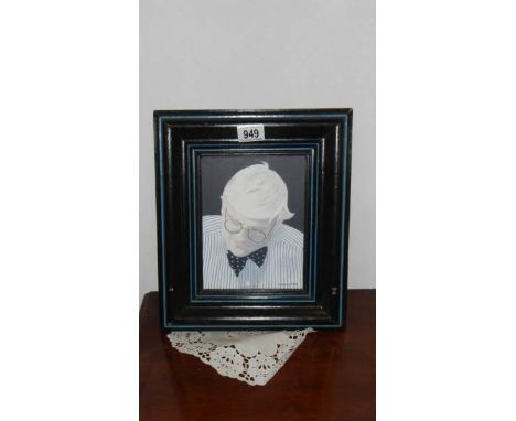 An acrylic portrait painting of David Hockney by Neville Broughton, image 15 x 20 cm