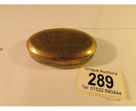 A 1902 Welsh miner's snuff box clearly engraved Josiah Jones, Feb. 20th 1902, Swansea