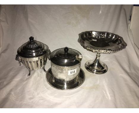 A silver plate comport, biscuit barrel and sucrier