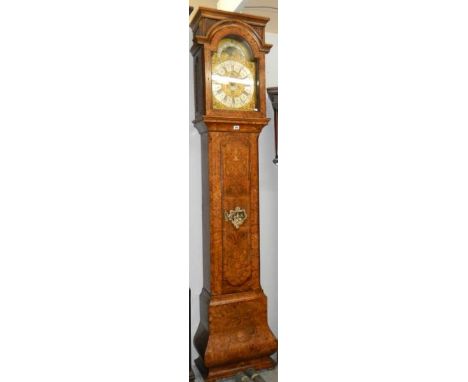 A Dutch walnut brass faced mood dial Grandfather clock with inlay by Matthew BufnellDoor has very slight warping on bottom le
