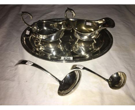 2 silver plate gravy boats, a ladle and a tray
