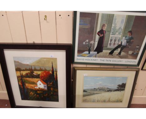 Signed oil of a continental rural scene, David Hockney Tate Gallery print plus one other