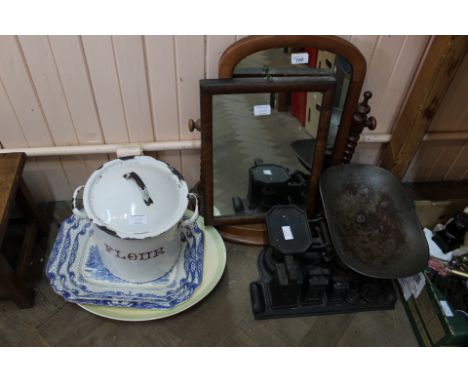 A Victorian mahogany swing toilet mirror, grocers scales and weights, an enamel flour bin plus various meat plates