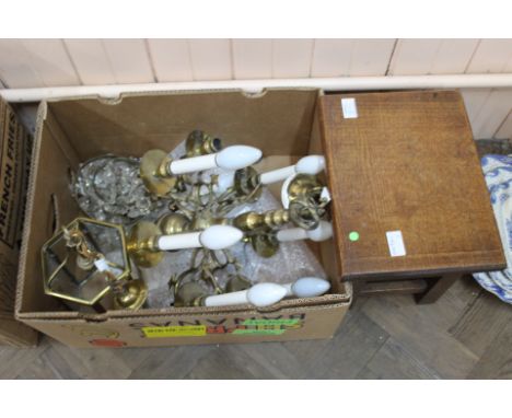 A brass electrolier, hall lantern, droplet light fittings plus a small oak stool