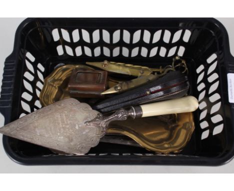 A 19th Century silver plated presentation trowel, two brass candle snuffers and tray, cased pipe, bone handled folding knife,